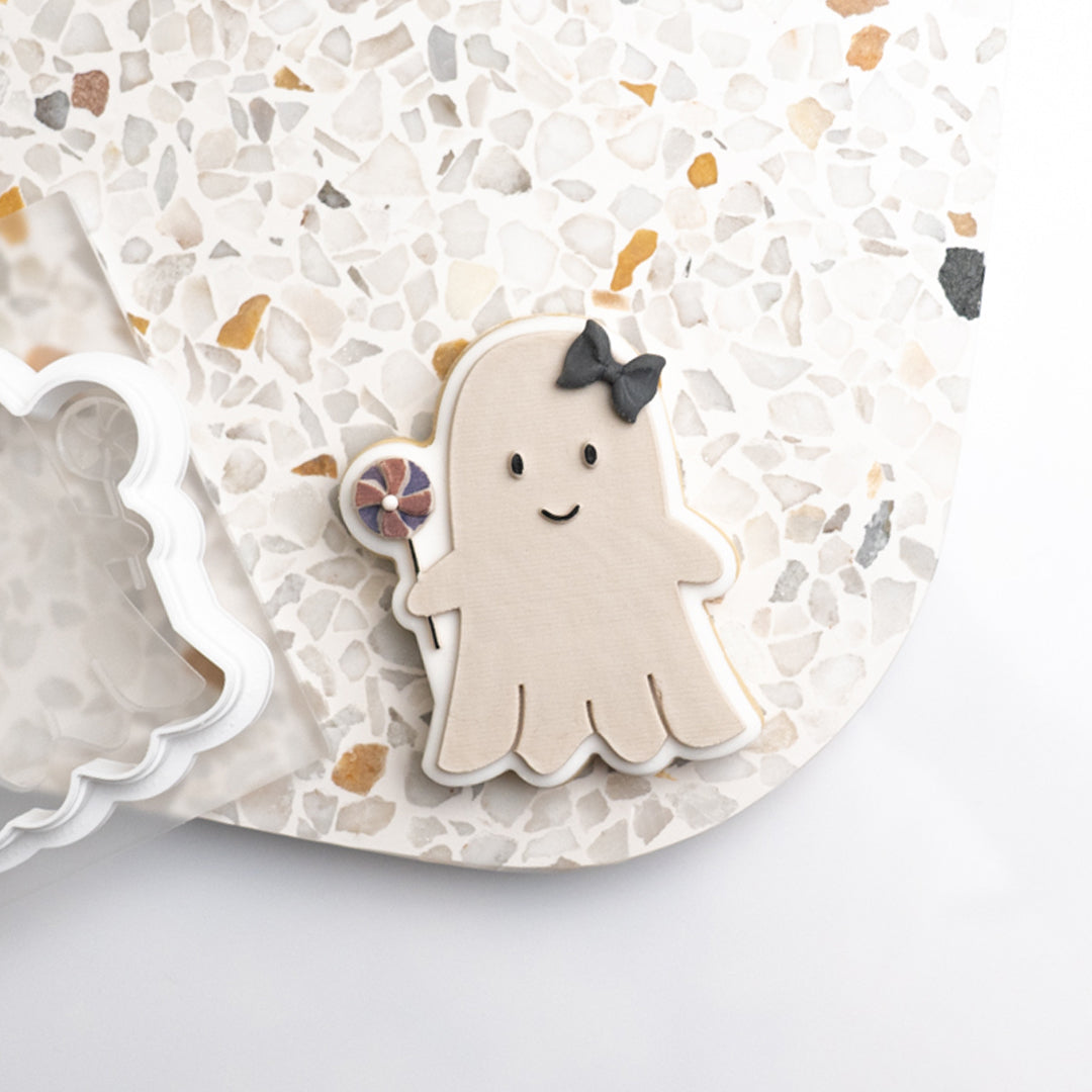 Ghost with lollipop stamp with matching cutter
