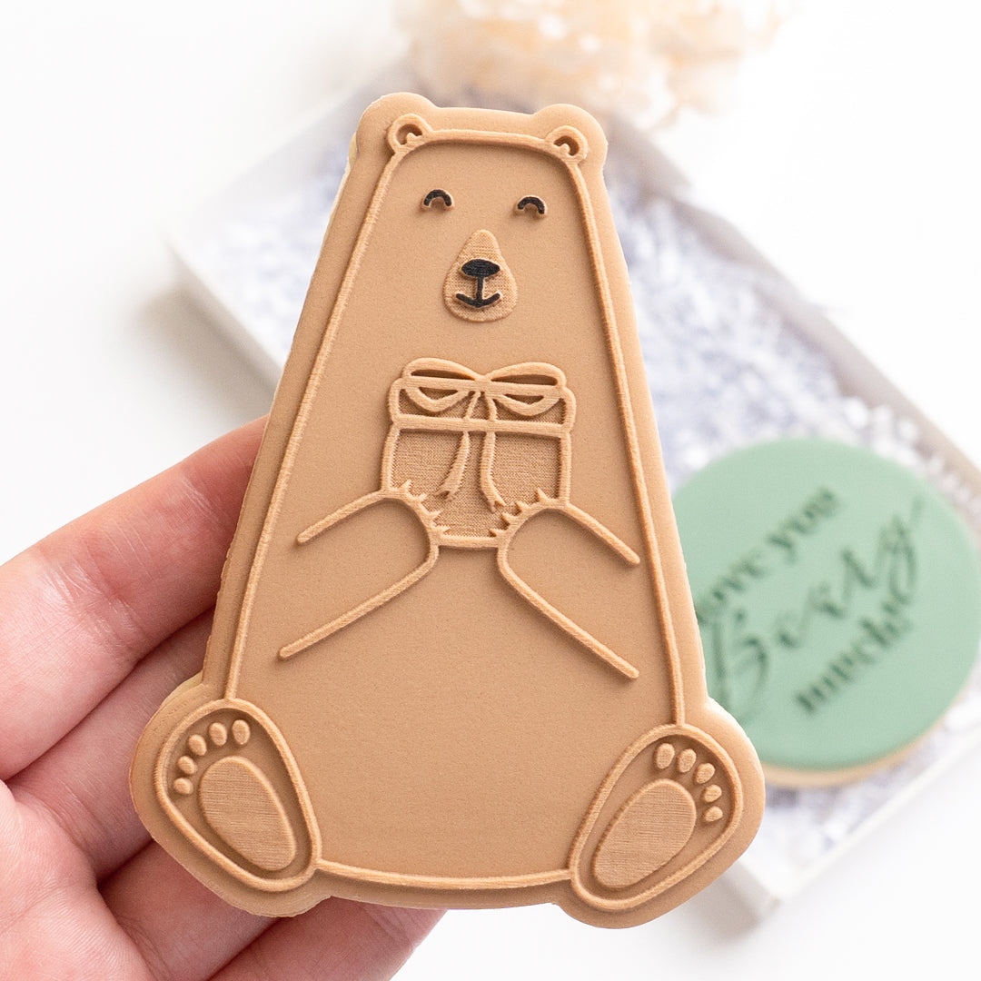 Bear with present stamp (with matching cutter option)