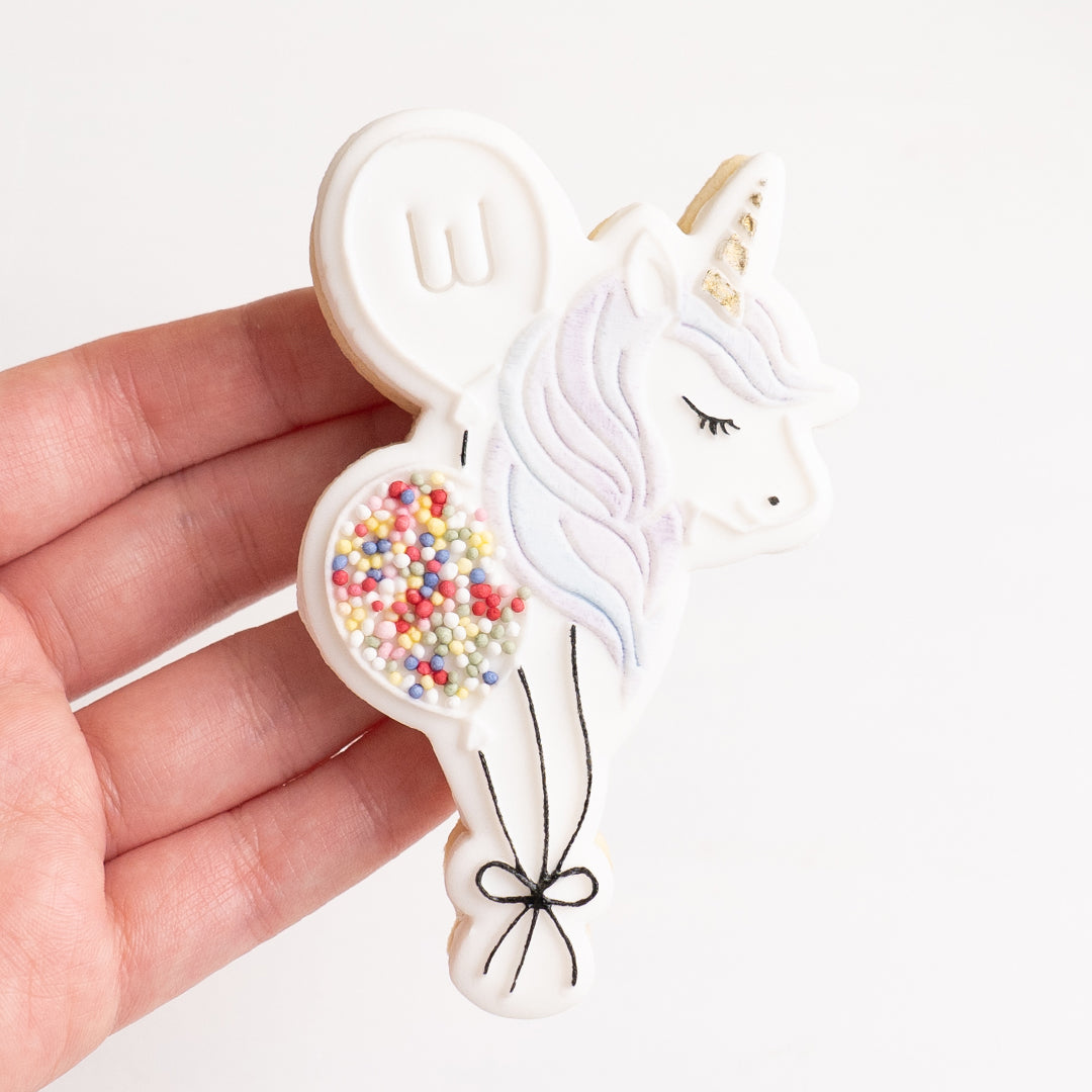 Unicorn balloons stamp with matching cutter